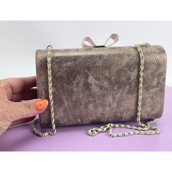 Vintage 80s hard shell clutch, gold tone purse, cross body, formal accessory - Picture 2 of 10